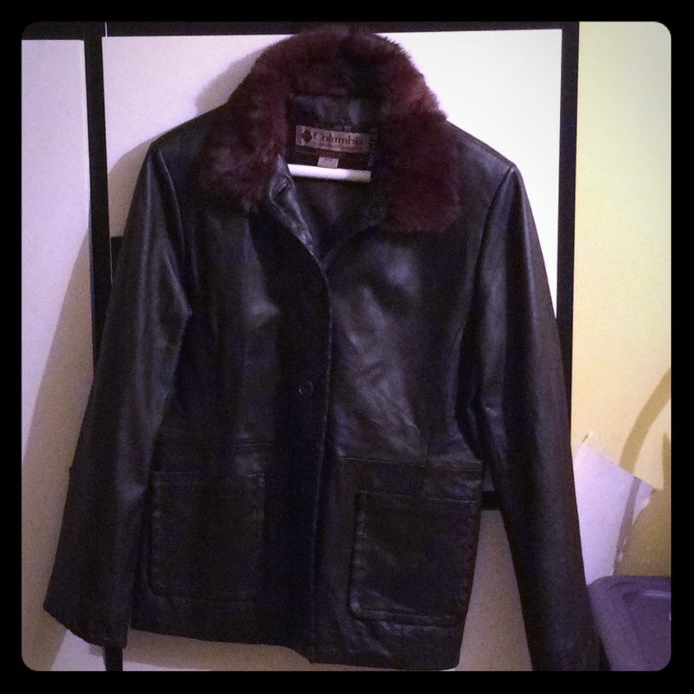 Dark brown genuine leather coat with fur collar